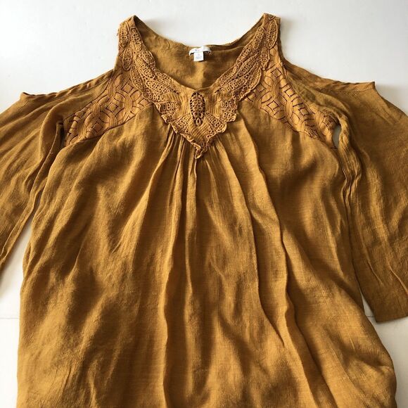 Est. 1946 Women’s V Neck Cold Shoulder Long Sleeve Mustard Mini Dress Size Small - Picture 12 of 13